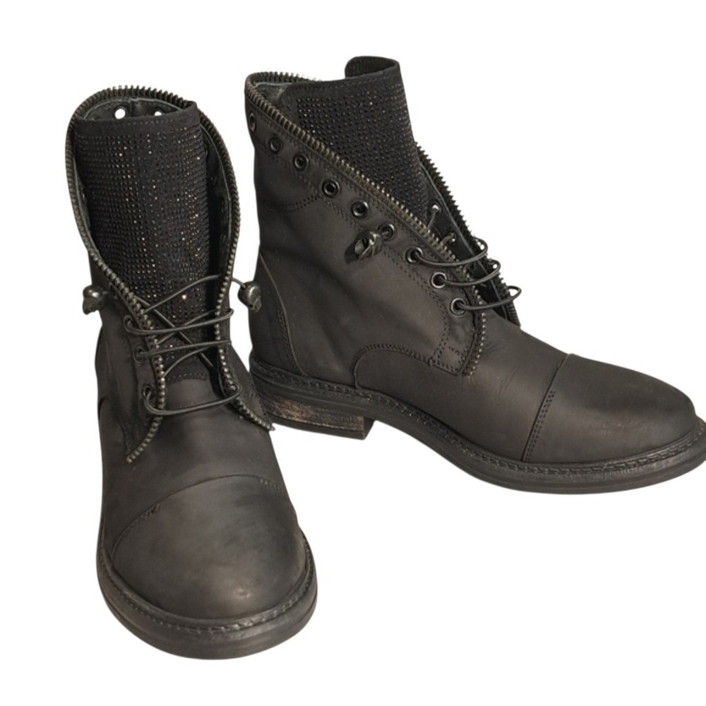 L'Idea By Lori Boots Women 7.5 Black Leather Combat Booties Italy 38 Rhinestones